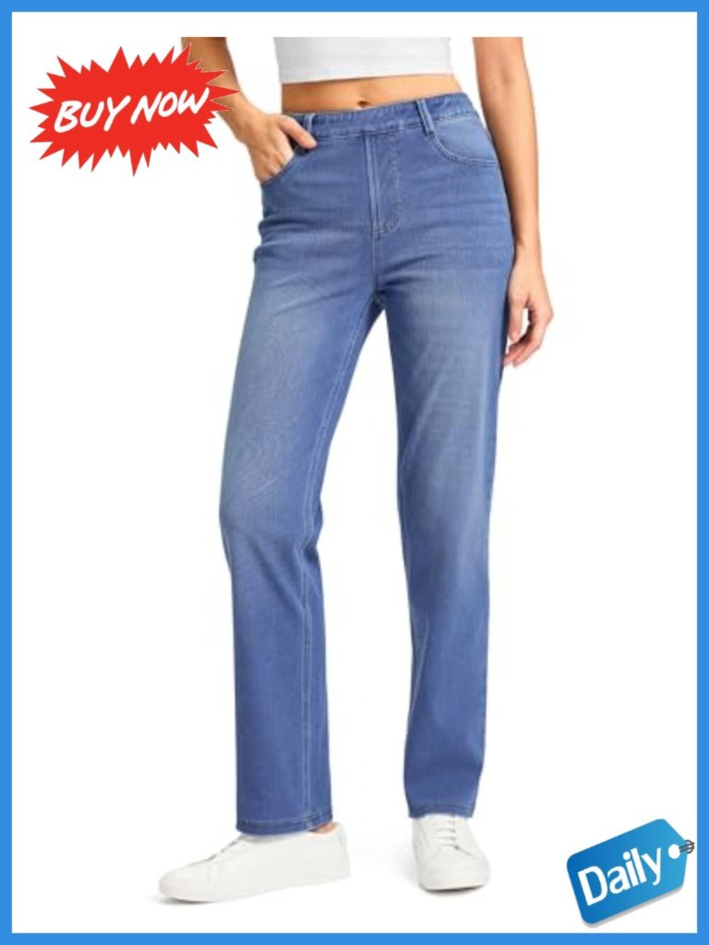 Stretchy Pull On High Waisted Straight Leg Jeans Tummy Control 5 Pocket